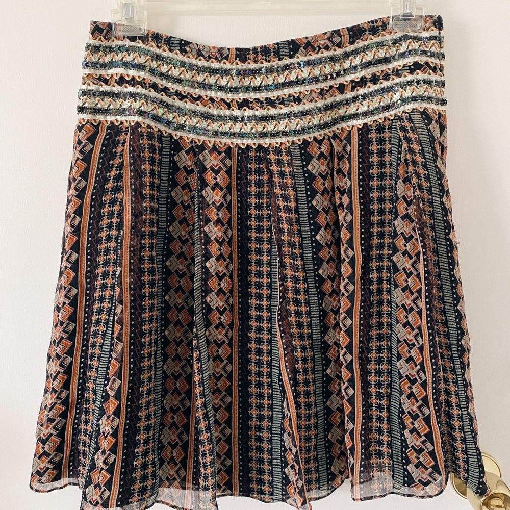 Free People Women's Boho Sequin Wide Waist A-Line Skirt Back Zip Silk Size 8